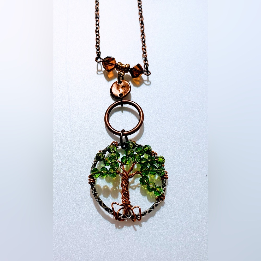 Handmade green crystal beaded tree of life necklace